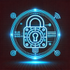 Futuristic neon-style icon representing an advanced access control system with biometric authentication, keyless smart locks, and remote security monitoring.