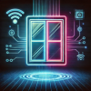 Futuristic neon-style smart window icon displaying one side clear and the other shaded, representing advanced home automation and smart glass technology