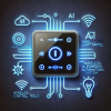 A futuristic neon-style icon representing smart lighting control with AI-powered automation.
